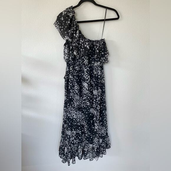 NWT Lulus Black Floral Print Ruffled One Shoulder Midi Dress (Small) - Picture 5 of 7